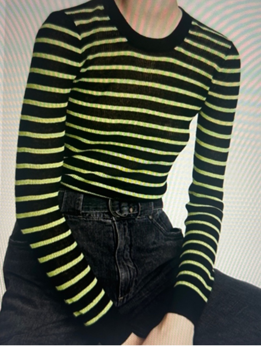 Veronica Beard Jeans Sweater Women M Black Green Stripe Linen Blend Long Sleeve